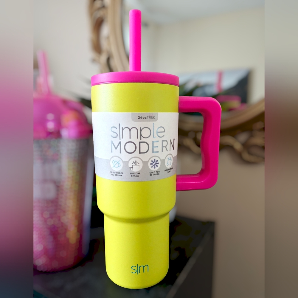 New Simple Modern Water Tumbler Neon Yellow & Pink Straw Cup 24 Oz Beverage Cup